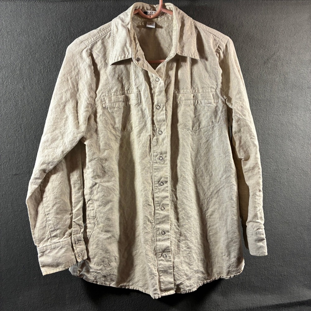 vtg women linen top large Tan Snap Front Utility Safari neutral minimalist coast